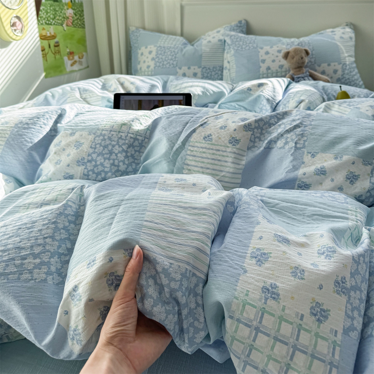 91家纺网 家纺一手货源 找家纺 多品家纺 2025新款超柔云感双层纱四件套 兰花园