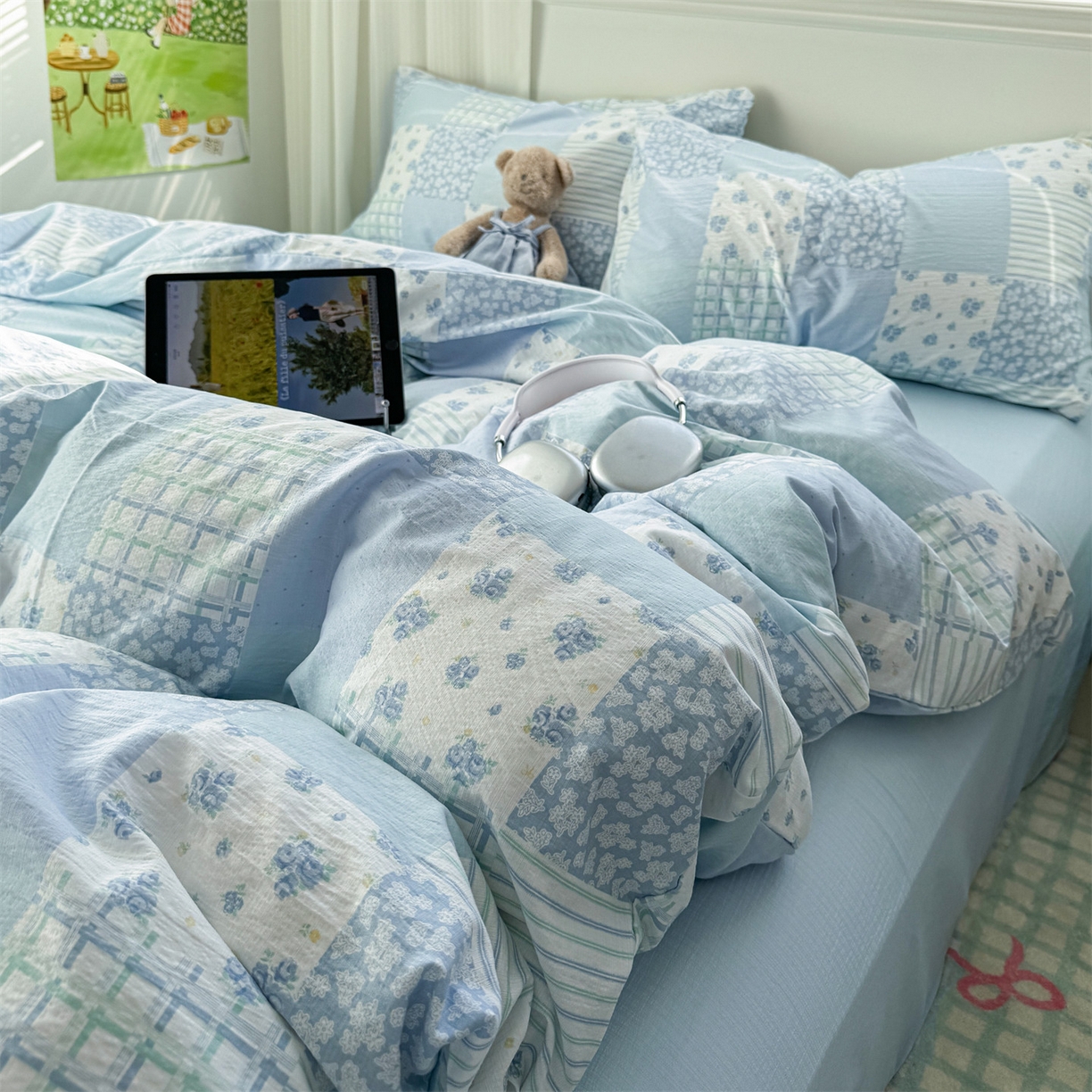 91家纺网 家纺一手货源 找家纺 多品家纺 2025新款超柔云感双层纱四件套 兰花园