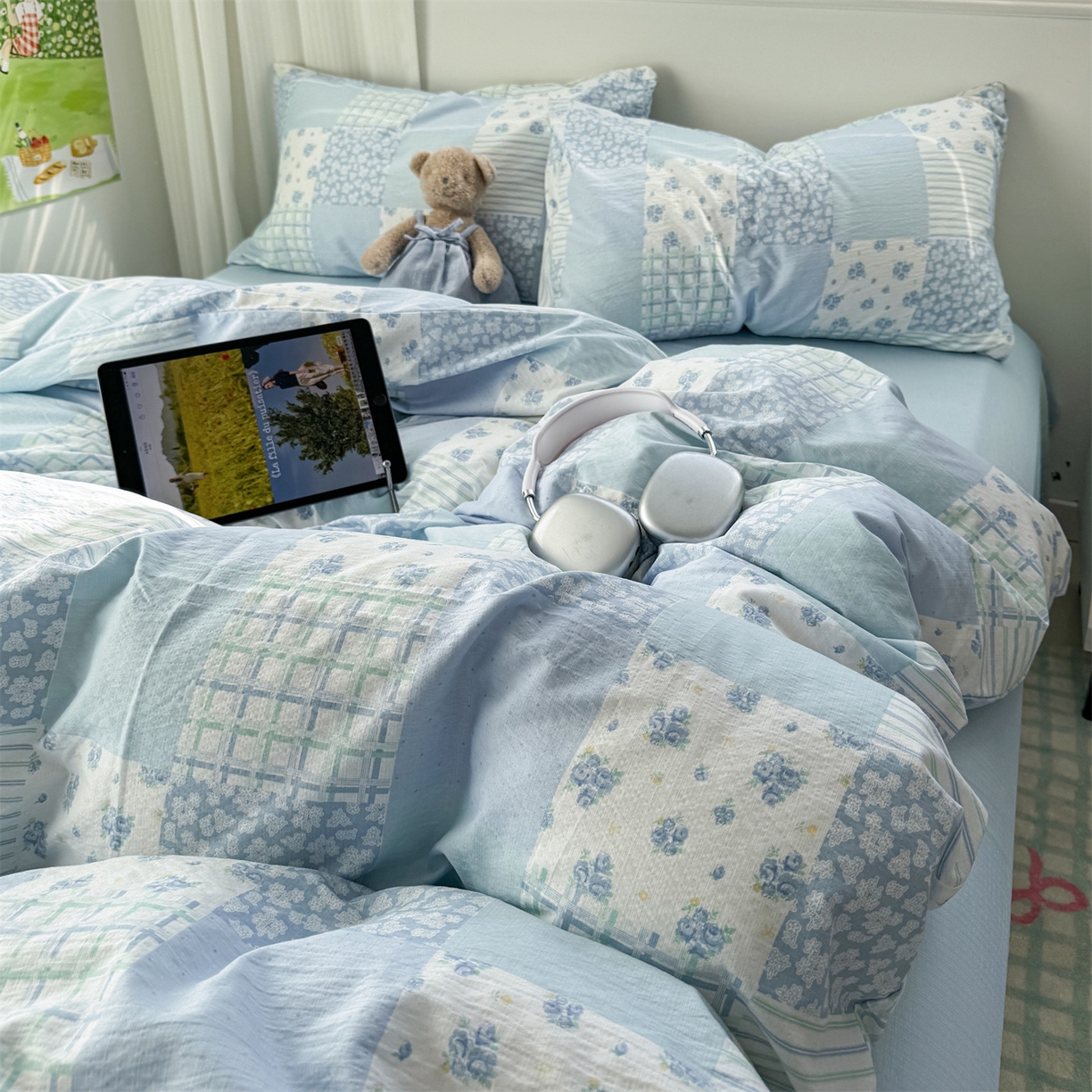 91家纺网 家纺一手货源 找家纺 多品家纺 2025新款超柔云感双层纱四件套 兰花园