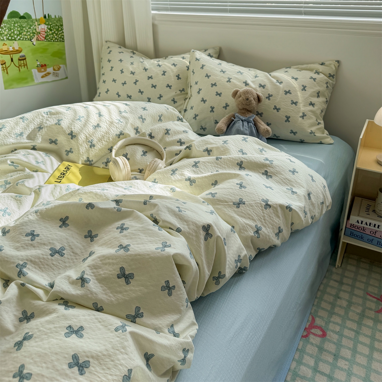 91家纺网 家纺一手货源 找家纺 多品家纺 2025新款超柔云感双层纱四件套 蓝蝶