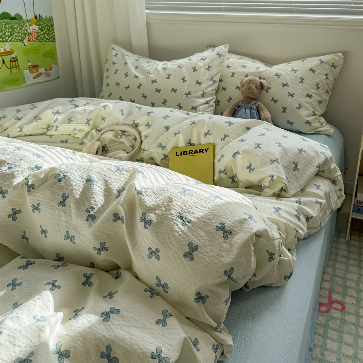 91家纺网 家纺一手货源 找家纺 多品家纺 2025新款超柔云感双层纱四件套 蓝蝶