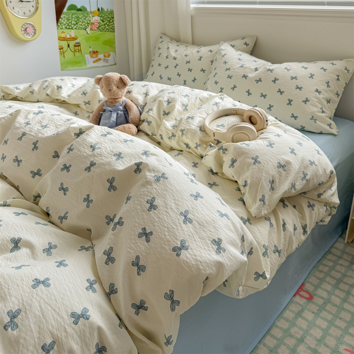 91家纺网 家纺一手货源 找家纺 多品家纺 2025新款超柔云感双层纱四件套 蓝蝶