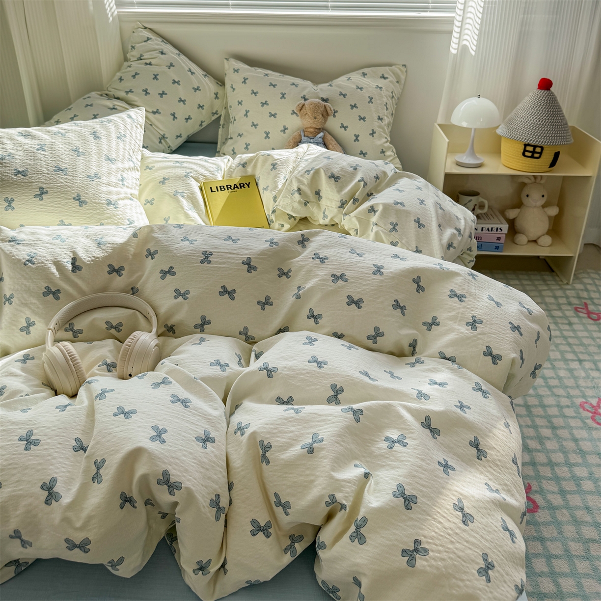 91家纺网 家纺一手货源 找家纺 多品家纺 2025新款超柔云感双层纱四件套 蓝蝶