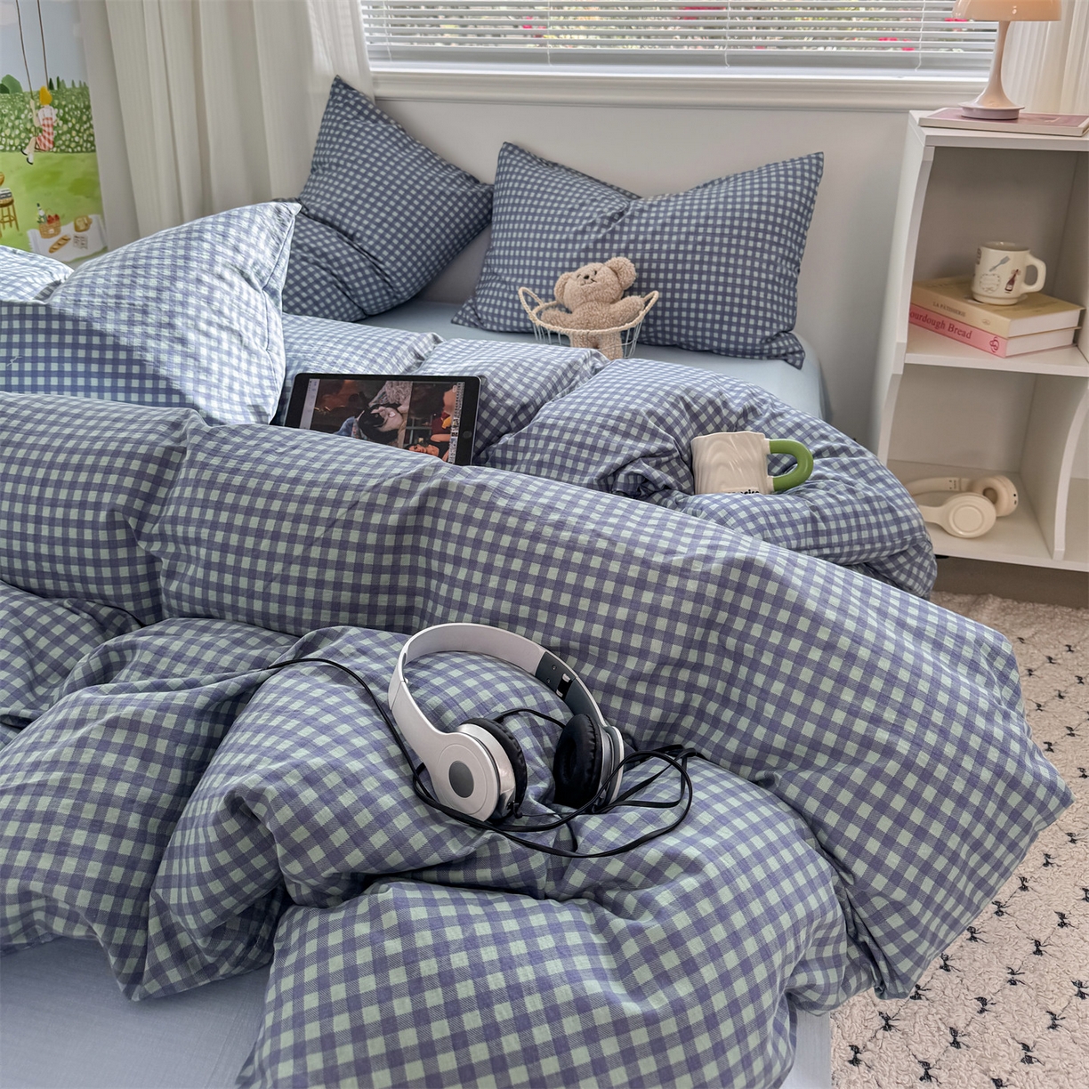 91家纺网 家纺一手货源 找家纺 多品家纺 2025新款超柔云感双层纱四件套 绿格