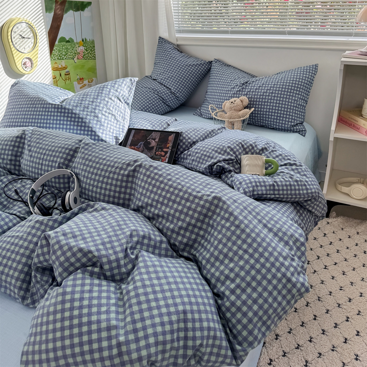 91家纺网 家纺一手货源 找家纺 多品家纺 2025新款超柔云感双层纱四件套 绿格