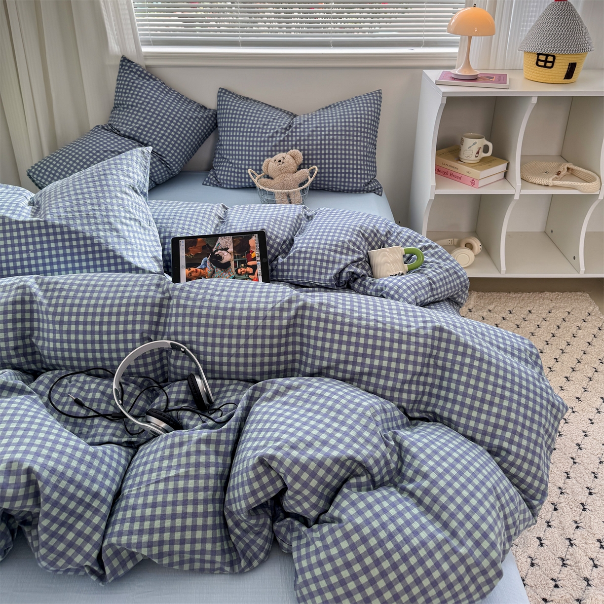 91家纺网 家纺一手货源 找家纺 多品家纺 2025新款超柔云感双层纱四件套 绿格