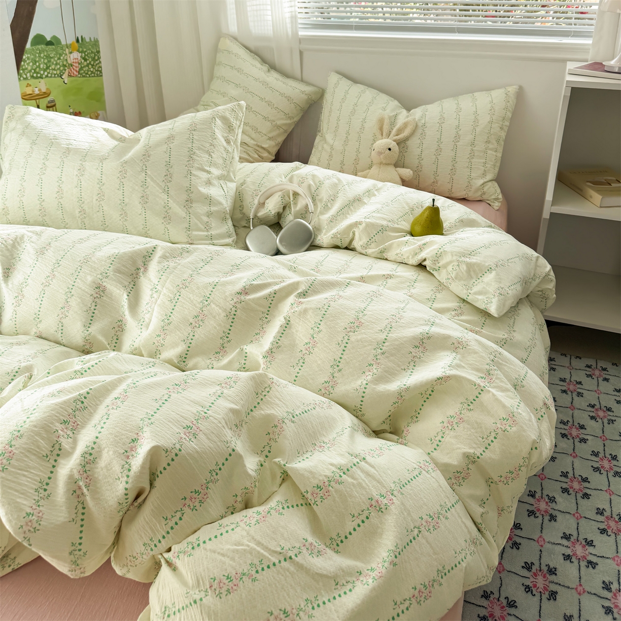 91家纺网 家纺一手货源 找家纺 多品家纺 2025新款超柔云感双层纱四件套 绿藤