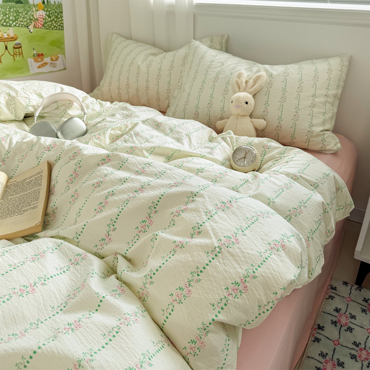 91家纺网 家纺一手货源 找家纺 多品家纺 2025新款超柔云感双层纱四件套 绿藤