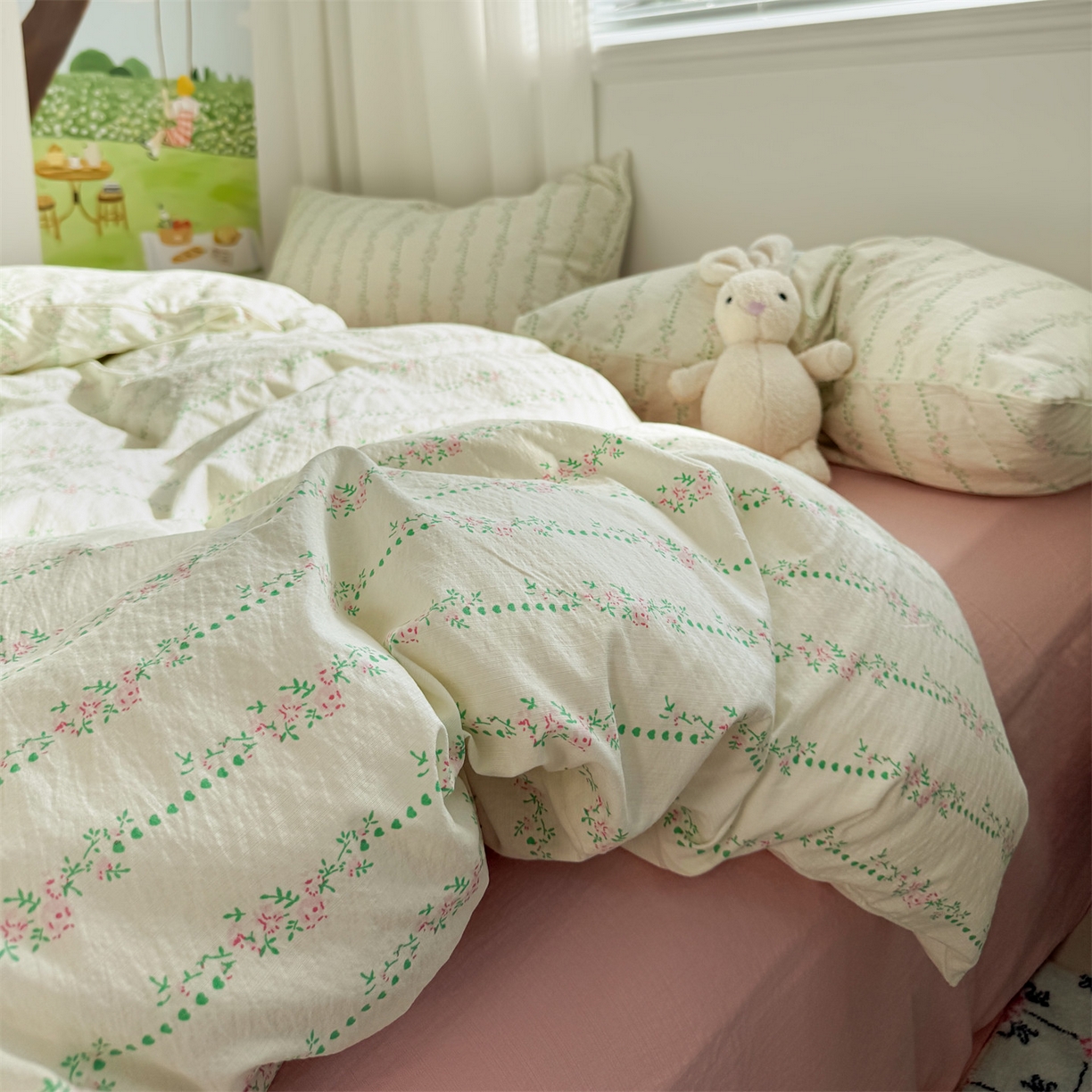 91家纺网 家纺一手货源 找家纺 多品家纺 2025新款超柔云感双层纱四件套 绿藤