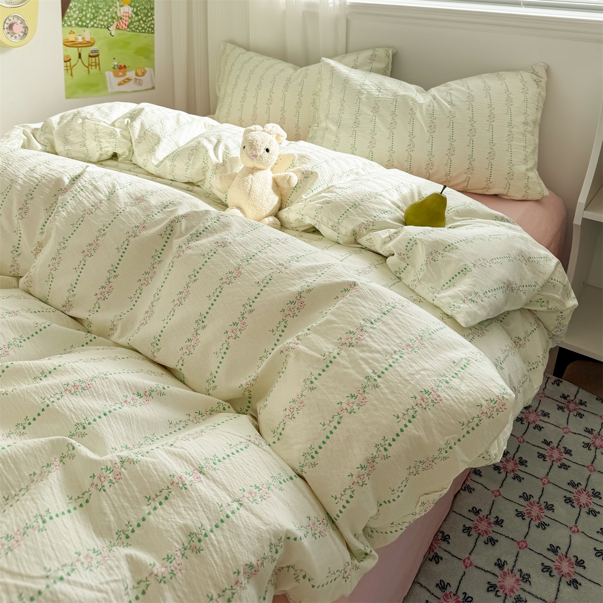 91家纺网 家纺一手货源 找家纺 多品家纺 2025新款超柔云感双层纱四件套 绿藤