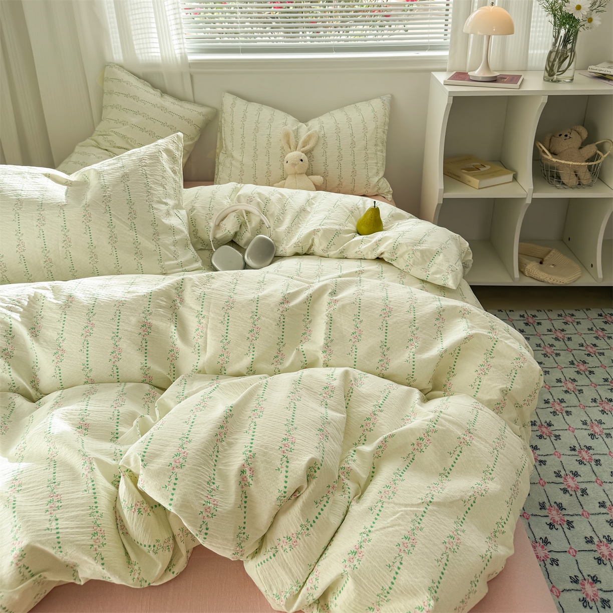 91家纺网 家纺一手货源 找家纺 多品家纺 2025新款超柔云感双层纱四件套 绿藤