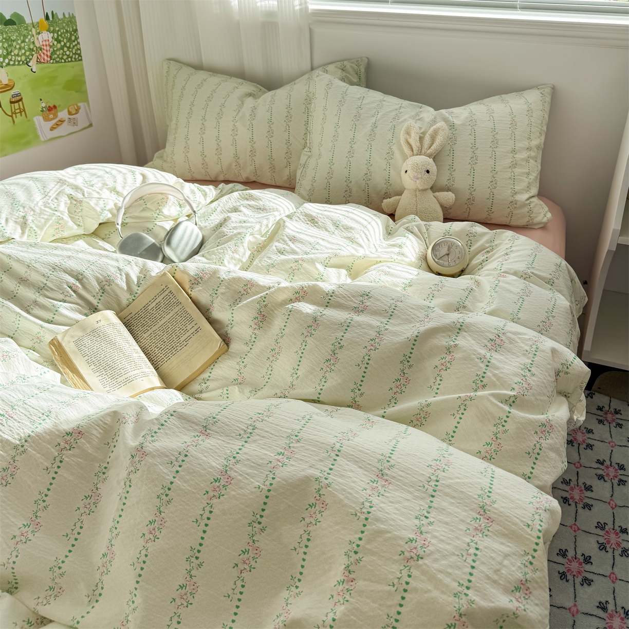 91家纺网 家纺一手货源 找家纺 多品家纺 2025新款超柔云感双层纱四件套 绿藤