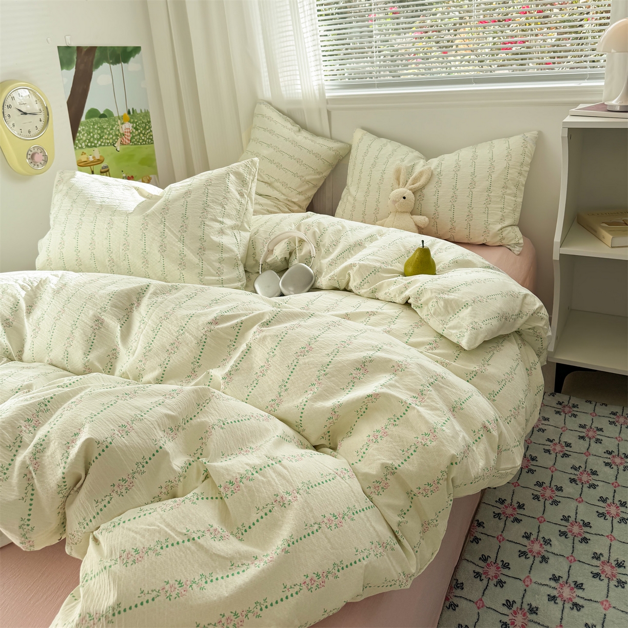 91家纺网 家纺一手货源 找家纺 多品家纺 2025新款超柔云感双层纱四件套 绿藤