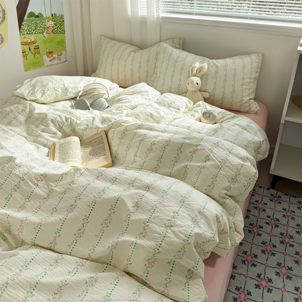 91家纺网 家纺一手货源 找家纺 多品家纺 2025新款超柔云感双层纱四件套 绿藤