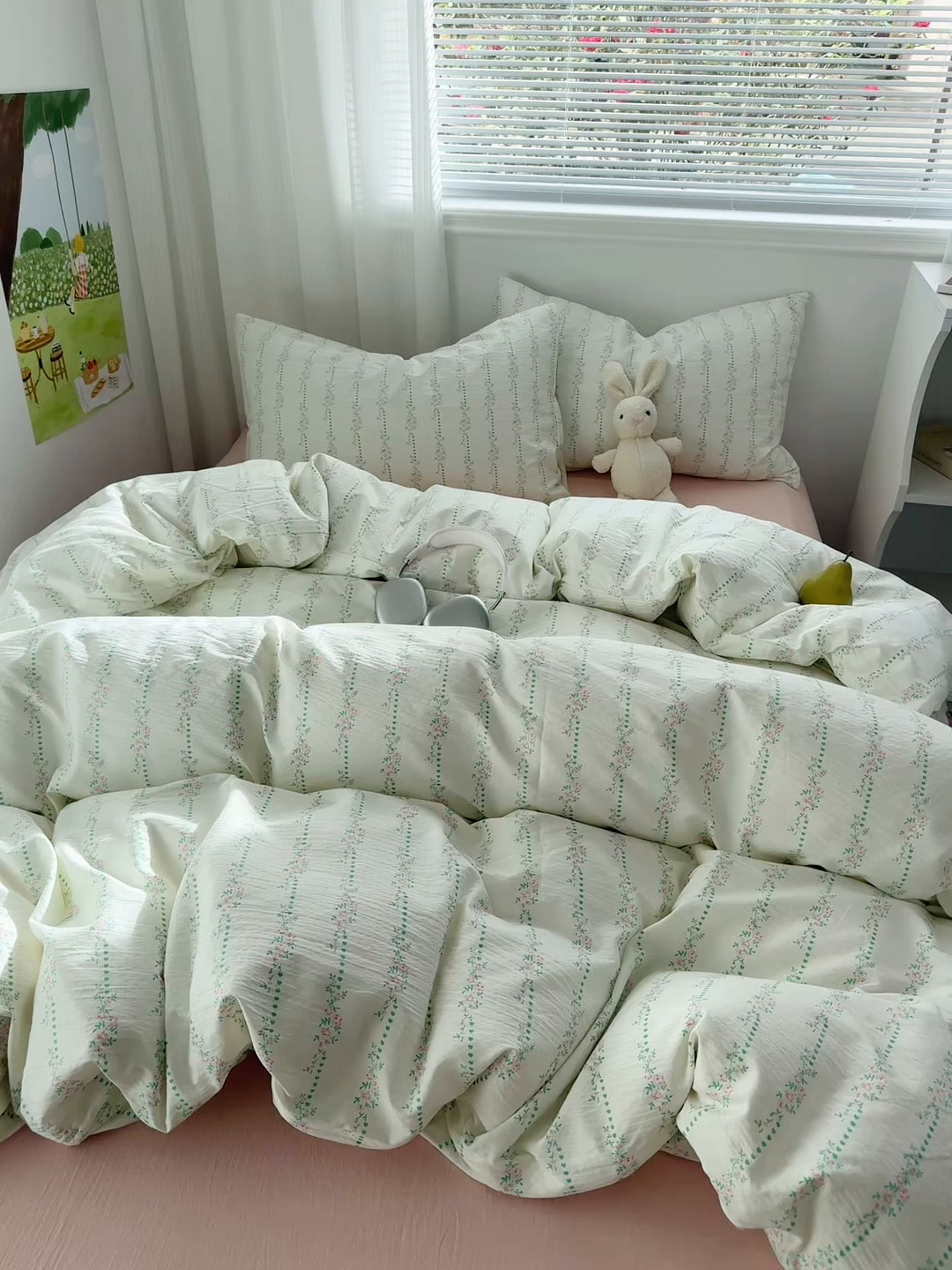 91家纺网 家纺一手货源 找家纺 多品家纺 2025新款超柔云感双层纱四件套 绿藤