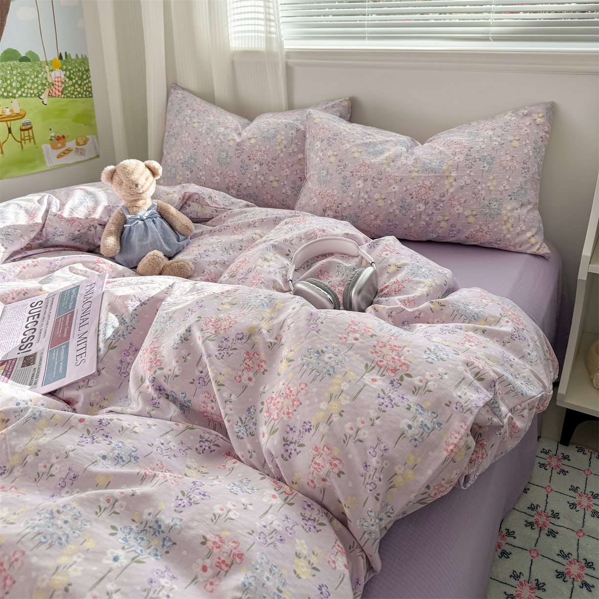 91家纺网 家纺一手货源 找家纺 多品家纺 2025新款超柔云感双层纱四件套 梦境紫