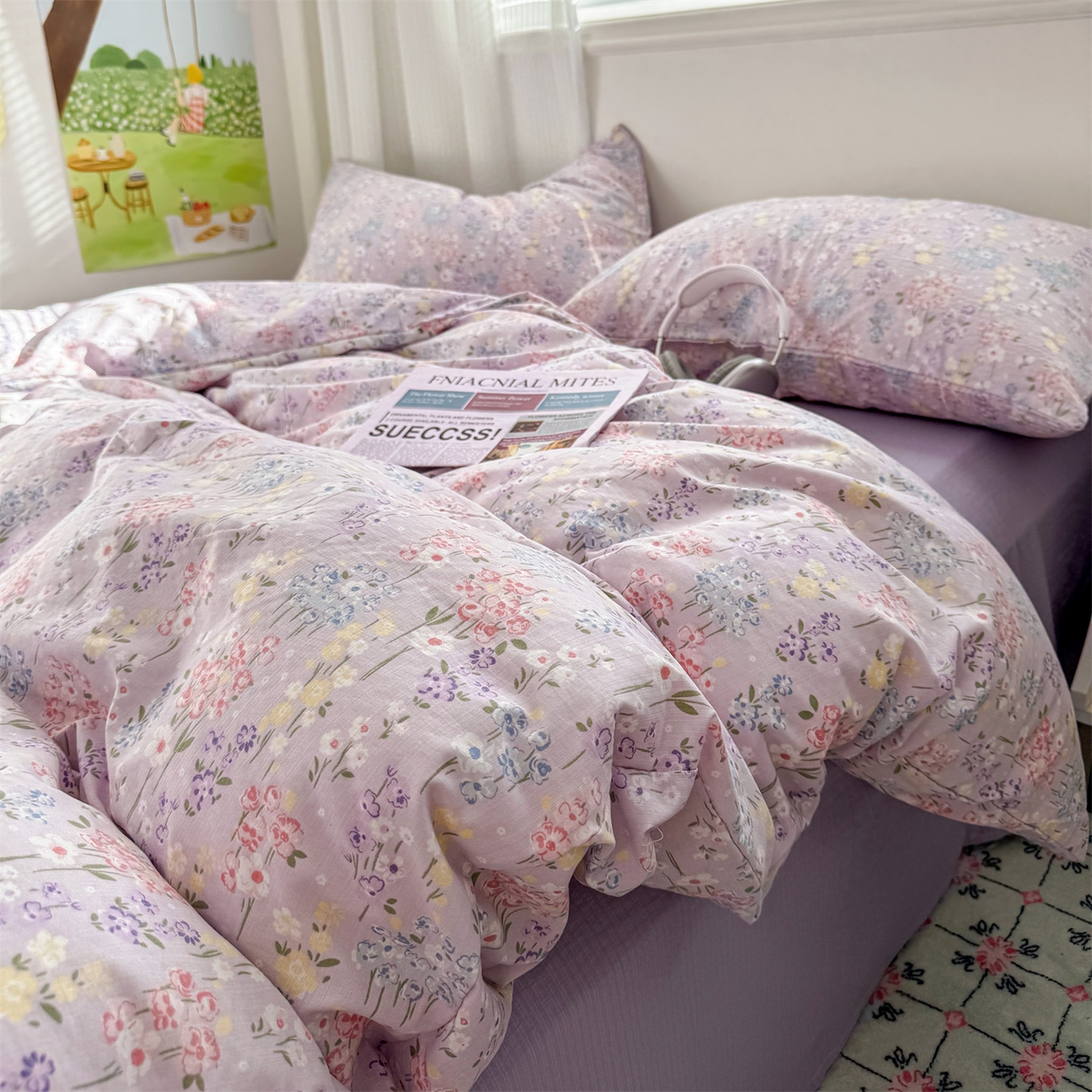 91家纺网 家纺一手货源 找家纺 多品家纺 2025新款超柔云感双层纱四件套 梦境紫