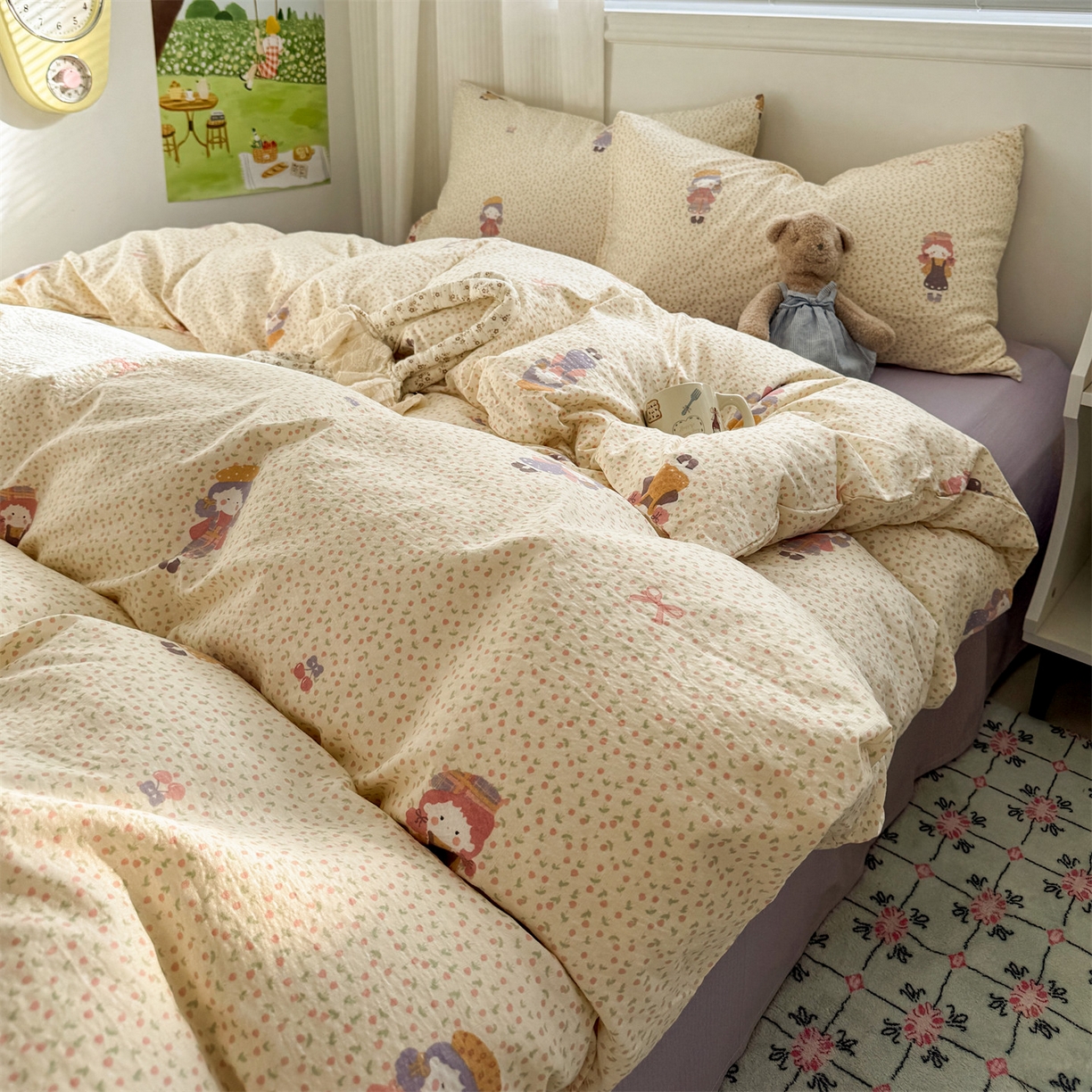 91家纺网 家纺一手货源 找家纺 多品家纺 2025新款超柔云感双层纱四件套 米塔丫丫