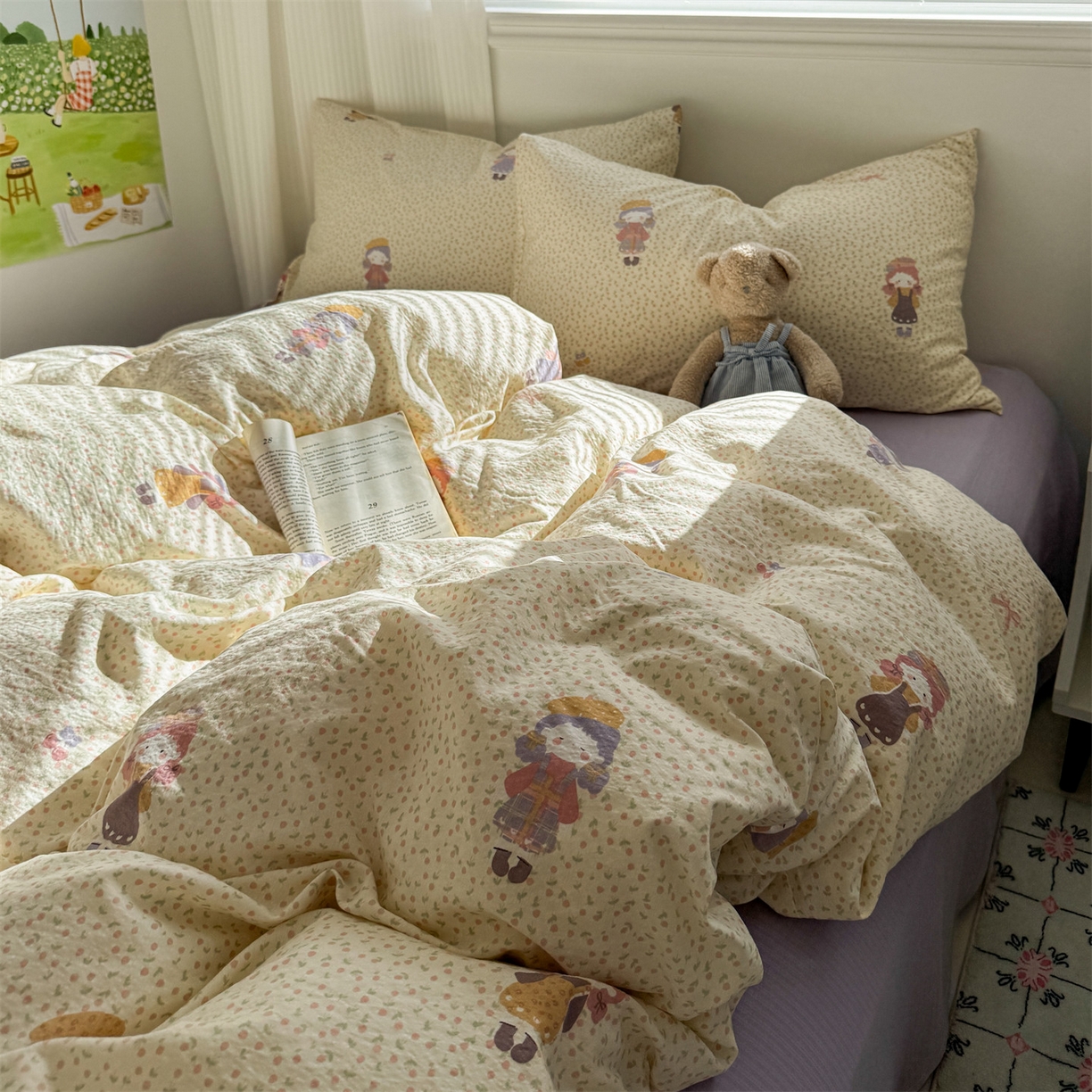 91家纺网 家纺一手货源 找家纺 多品家纺 2025新款超柔云感双层纱四件套 米塔丫丫