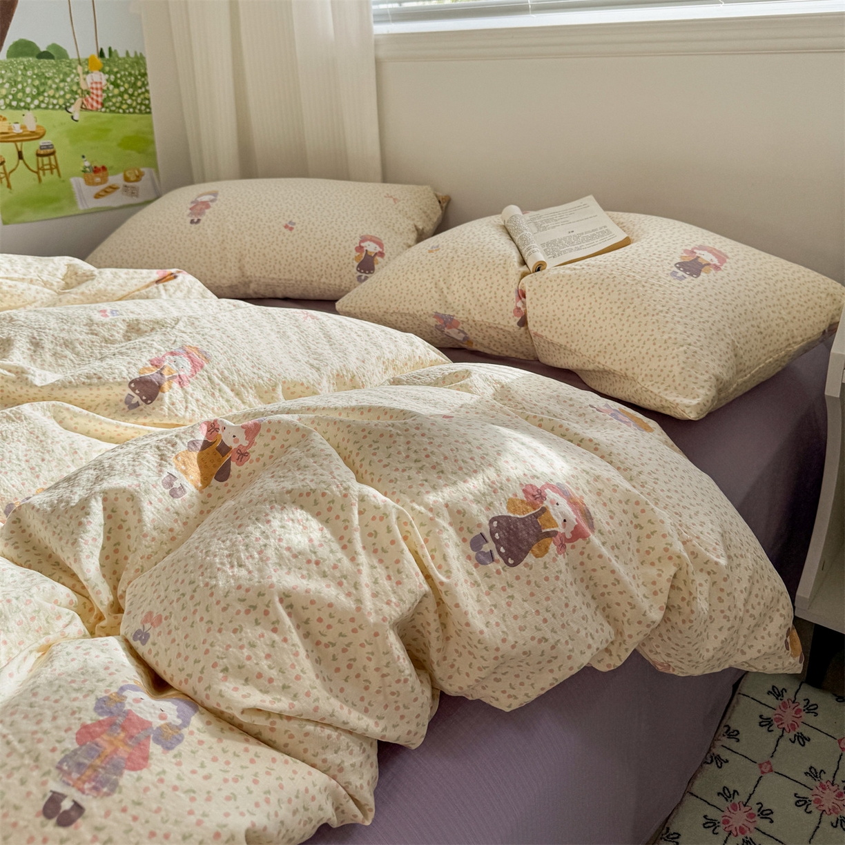 91家纺网 家纺一手货源 找家纺 多品家纺 2025新款超柔云感双层纱四件套 米塔丫丫