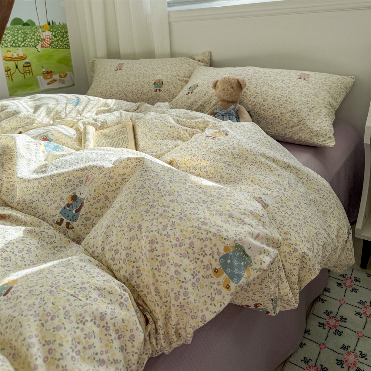 91家纺网 家纺一手货源 找家纺 多品家纺 2025新款超柔云感双层纱四件套 泡芙兔兔