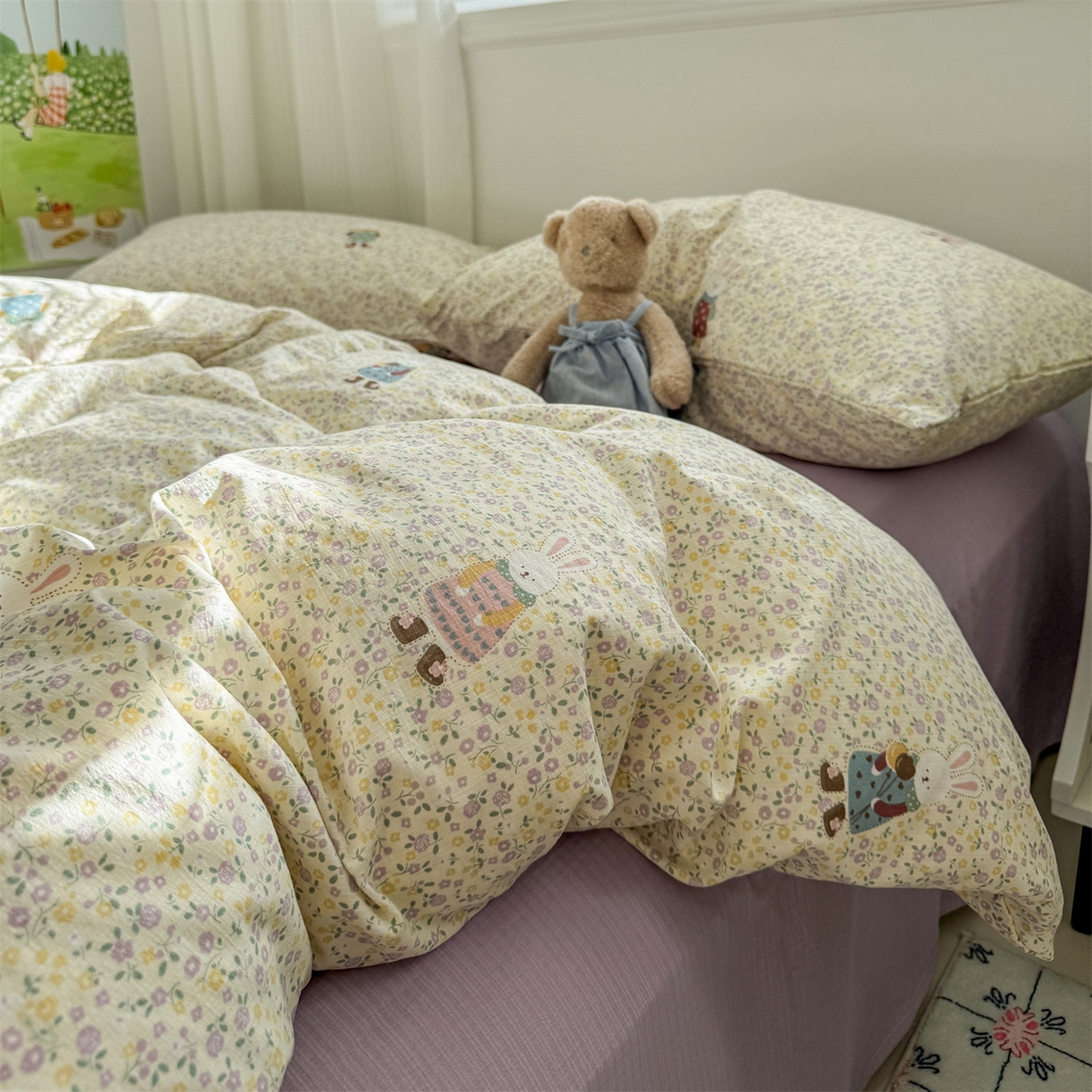 91家纺网 家纺一手货源 找家纺 多品家纺 2025新款超柔云感双层纱四件套 泡芙兔兔