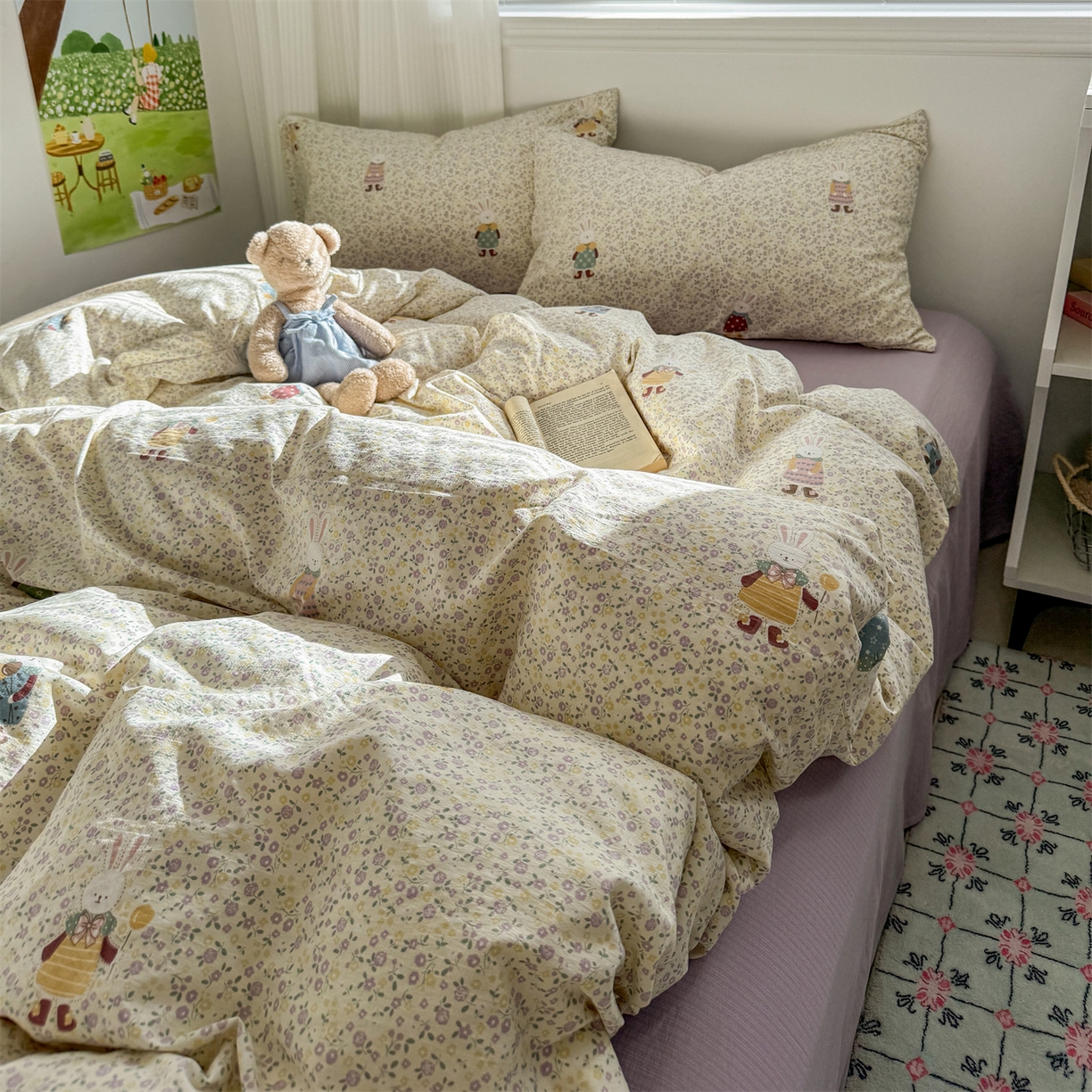 91家纺网 家纺一手货源 找家纺 多品家纺 2025新款超柔云感双层纱四件套 泡芙兔兔