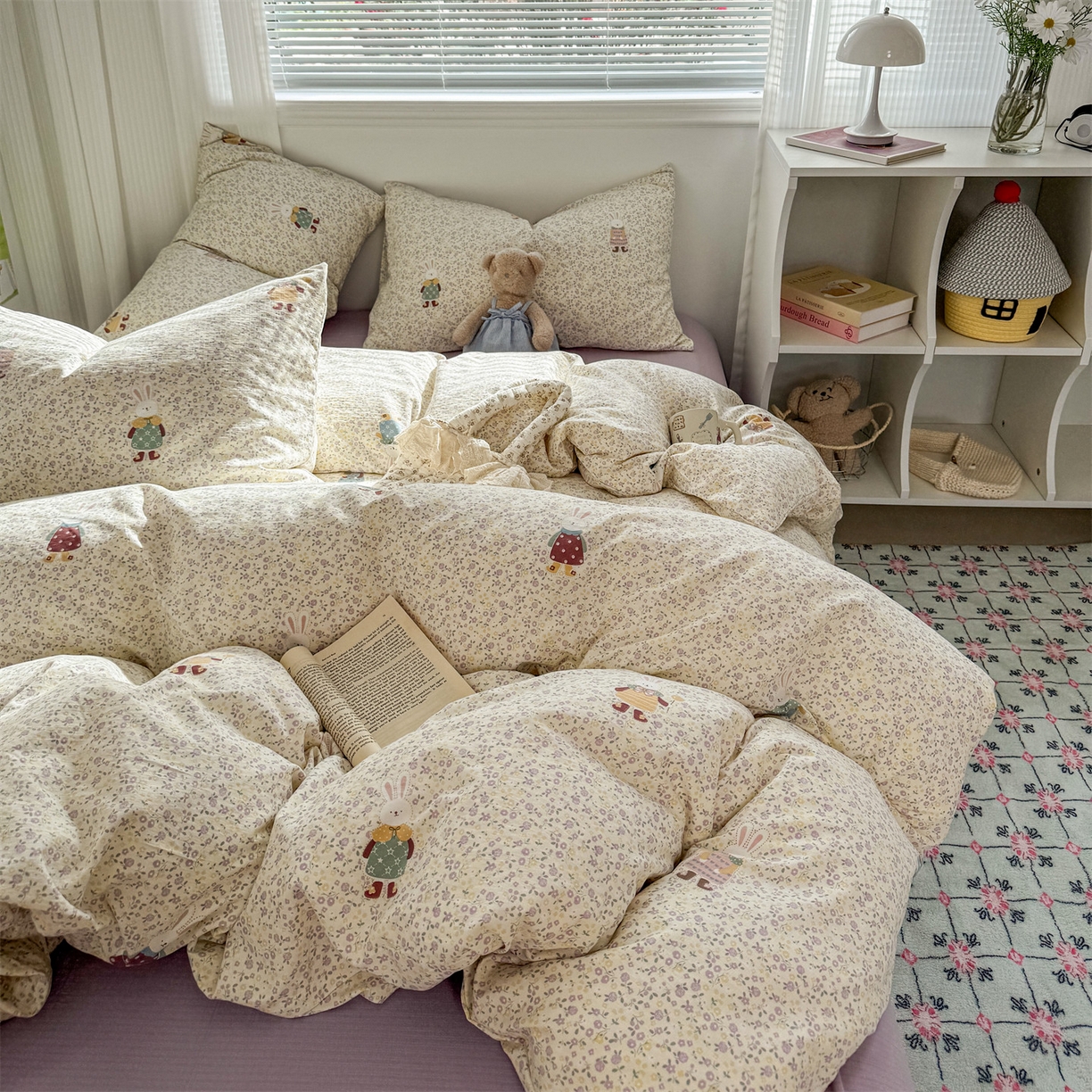 91家纺网 家纺一手货源 找家纺 多品家纺 2025新款超柔云感双层纱四件套 泡芙兔兔