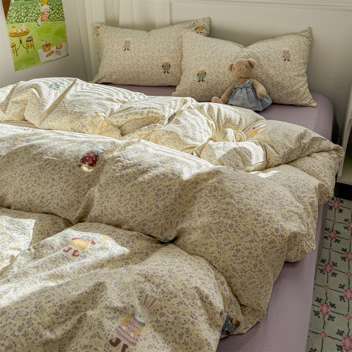 91家纺网 家纺一手货源 找家纺 多品家纺 2025新款超柔云感双层纱四件套 泡芙兔兔