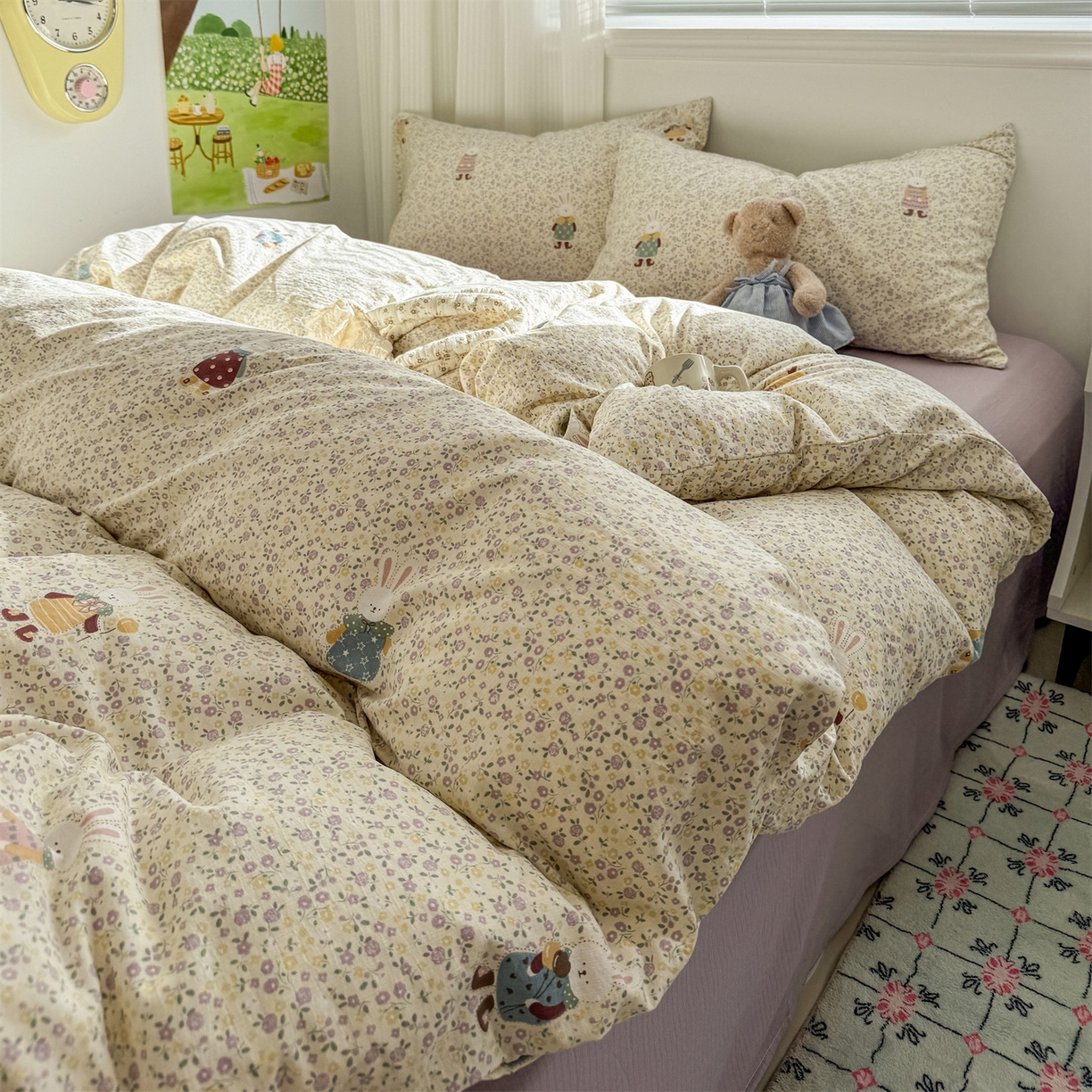 91家纺网 家纺一手货源 找家纺 多品家纺 2025新款超柔云感双层纱四件套 泡芙兔兔