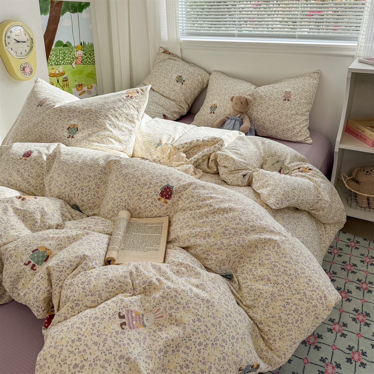 91家纺网 家纺一手货源 找家纺 多品家纺 2025新款超柔云感双层纱四件套 泡芙兔兔