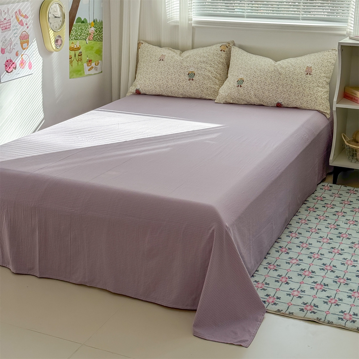 91家纺网 家纺一手货源 找家纺 多品家纺 2025新款超柔云感双层纱四件套 泡芙兔兔