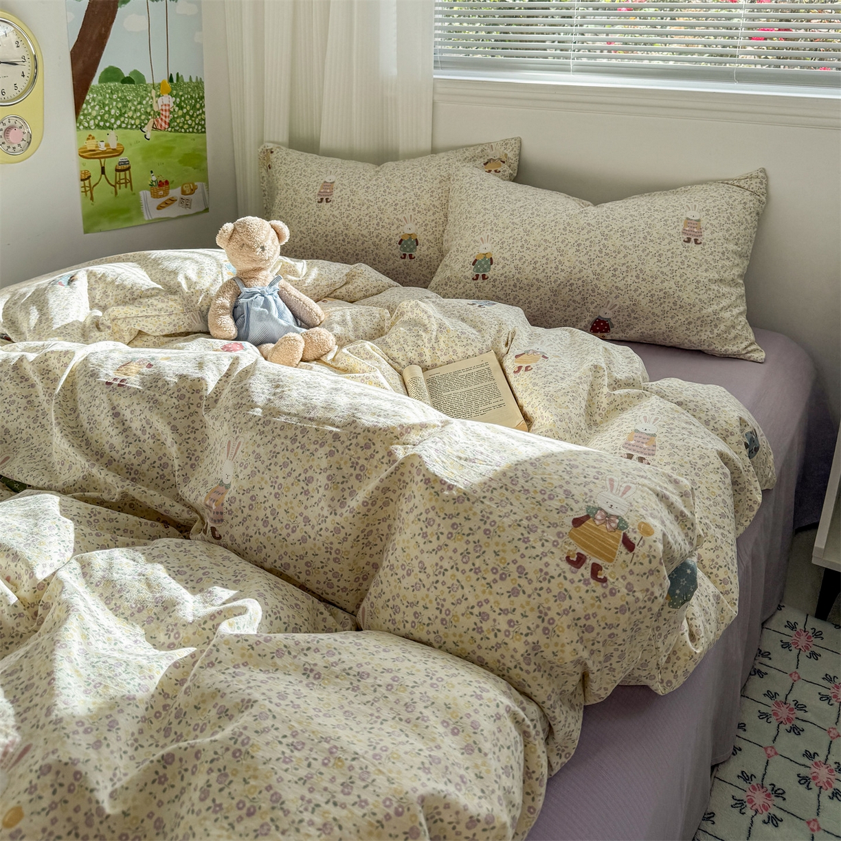 91家纺网 家纺一手货源 找家纺 多品家纺 2025新款超柔云感双层纱四件套 泡芙兔兔