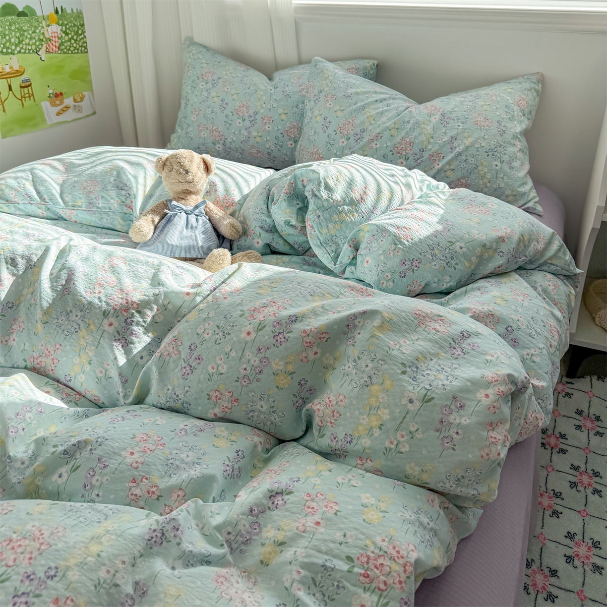 91家纺网 家纺一手货源 找家纺 多品家纺 2025新款超柔云感双层纱四件套 清荷