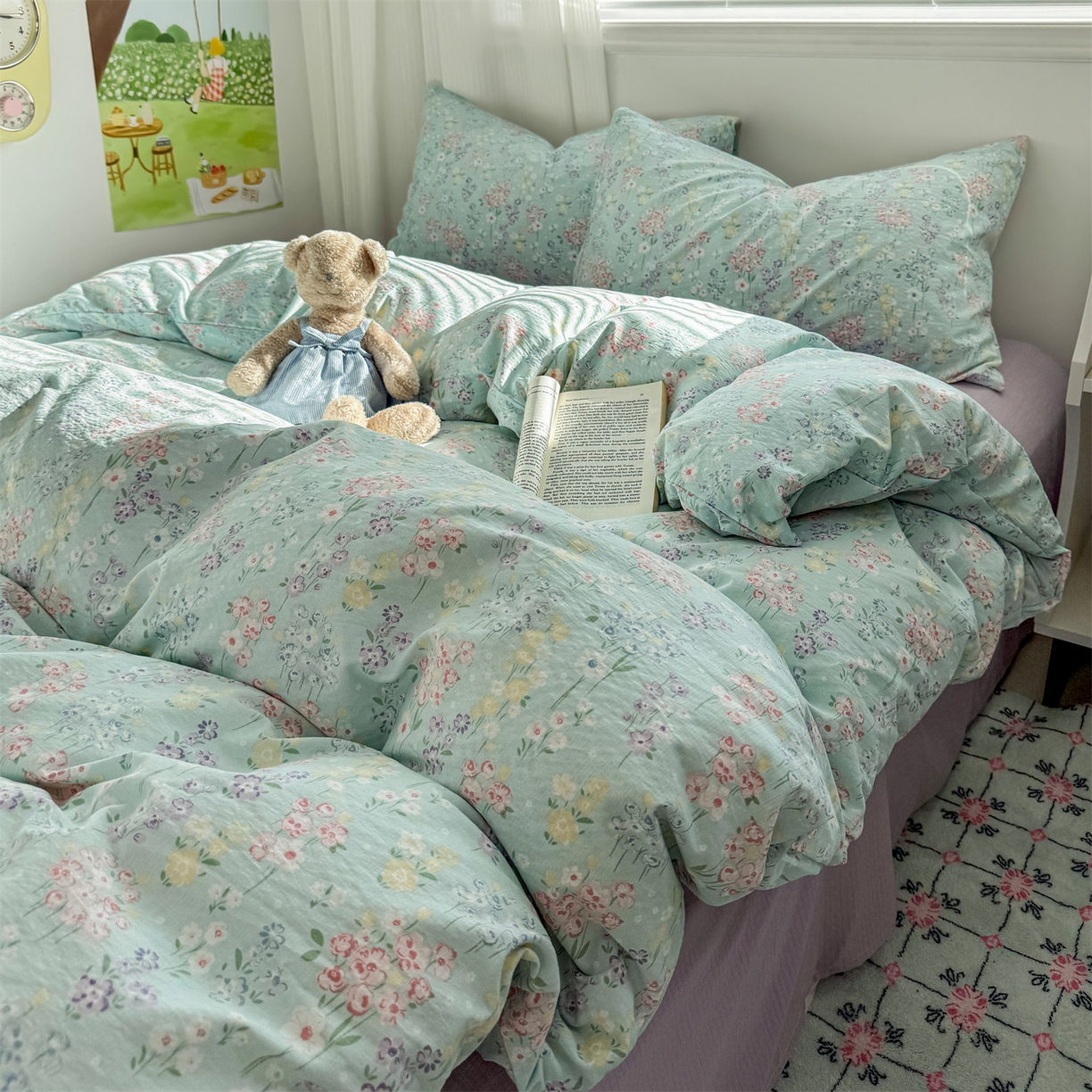 91家纺网 家纺一手货源 找家纺 多品家纺 2025新款超柔云感双层纱四件套 清荷