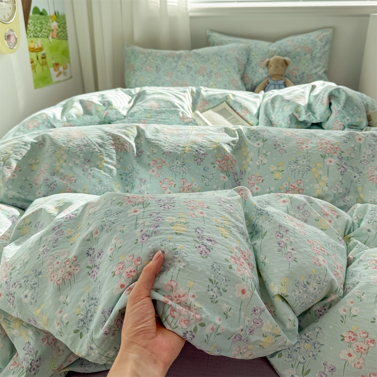 91家纺网 家纺一手货源 找家纺 多品家纺 2025新款超柔云感双层纱四件套 清荷