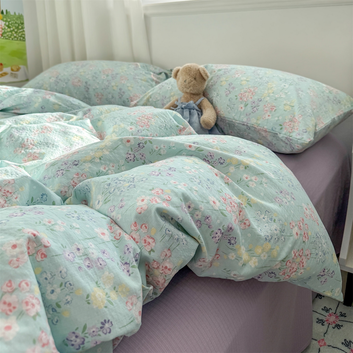 91家纺网 家纺一手货源 找家纺 多品家纺 2025新款超柔云感双层纱四件套 清荷