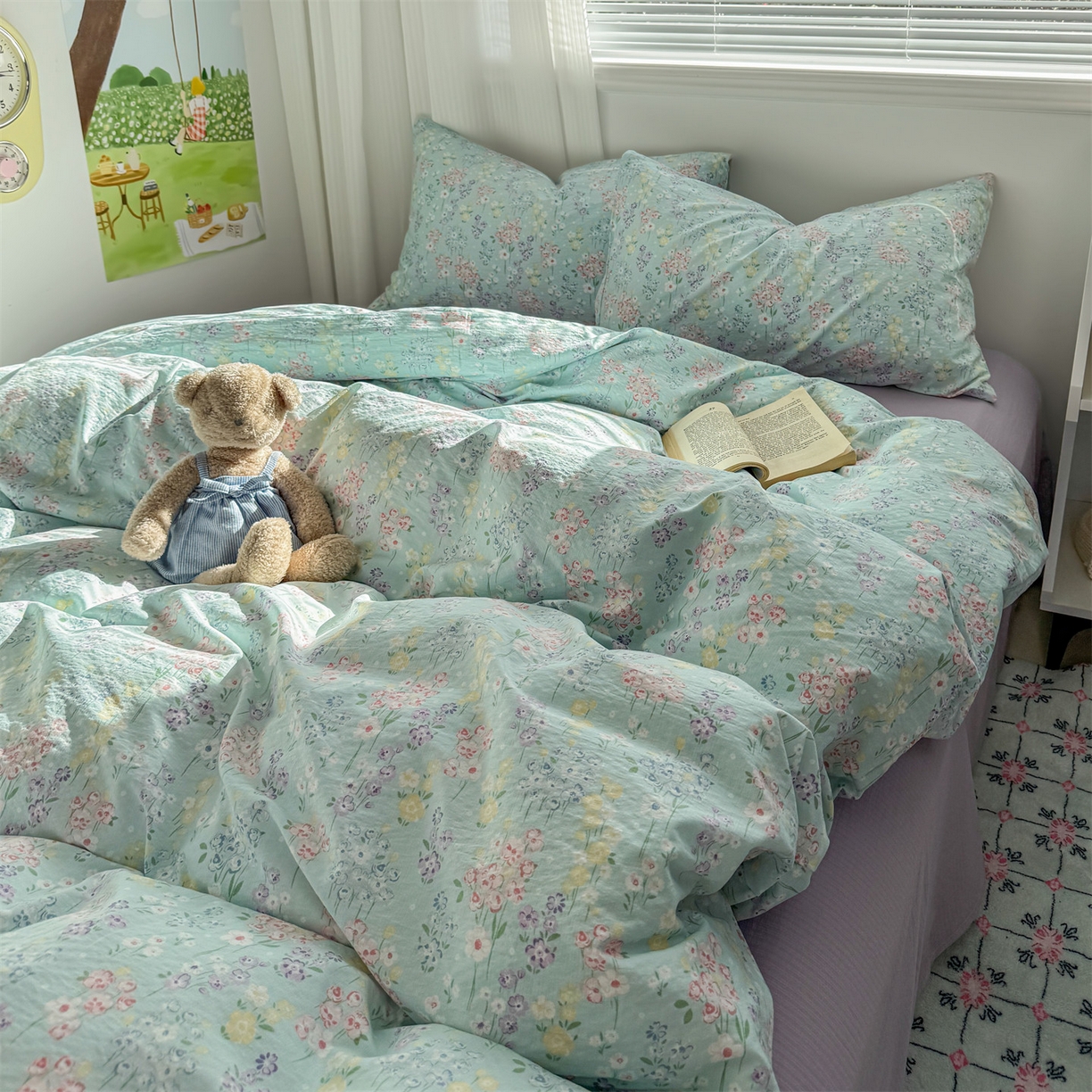 91家纺网 家纺一手货源 找家纺 多品家纺 2025新款超柔云感双层纱四件套 清荷