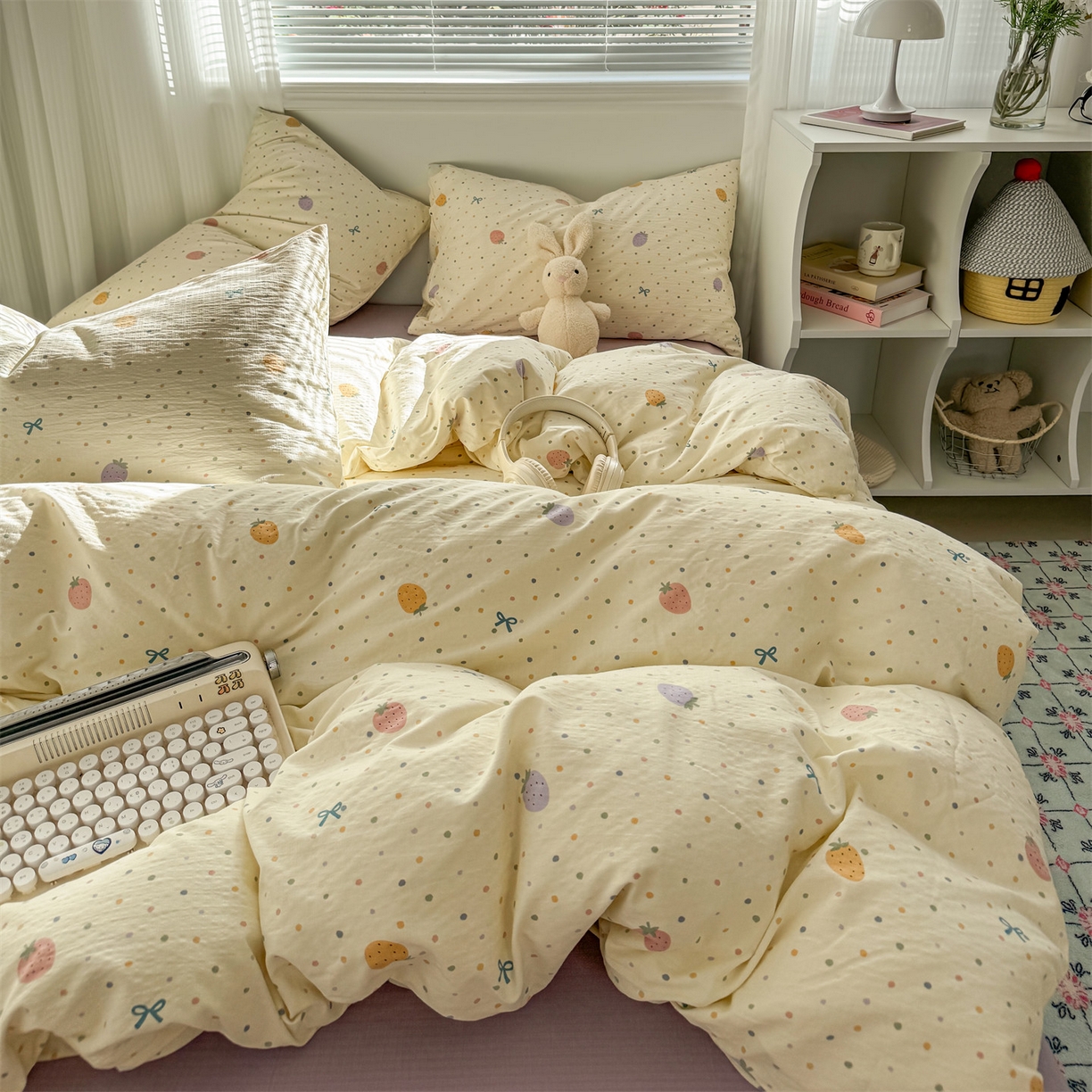 91家纺网 家纺一手货源 找家纺 多品家纺 2025新款超柔云感双层纱四件套 五彩草莓