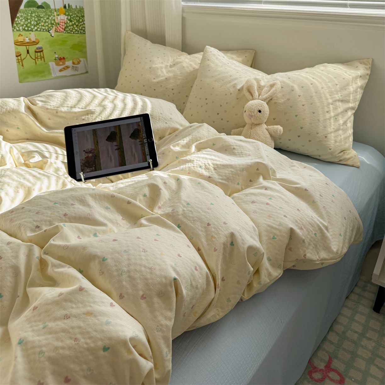 91家纺网 家纺一手货源 找家纺 多品家纺 2025新款超柔云感双层纱四件套 心动