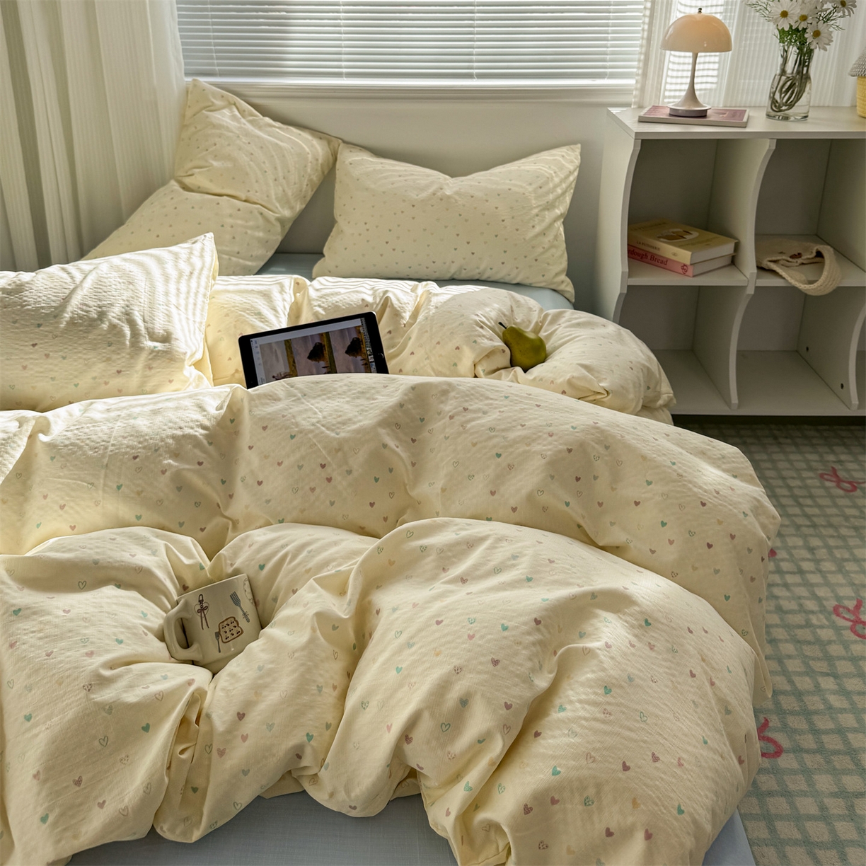 91家纺网 家纺一手货源 找家纺 多品家纺 2025新款超柔云感双层纱四件套 心动