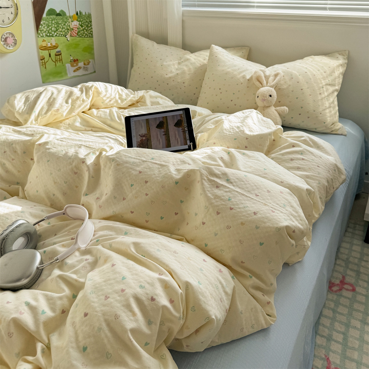 91家纺网 家纺一手货源 找家纺 多品家纺 2025新款超柔云感双层纱四件套 心动