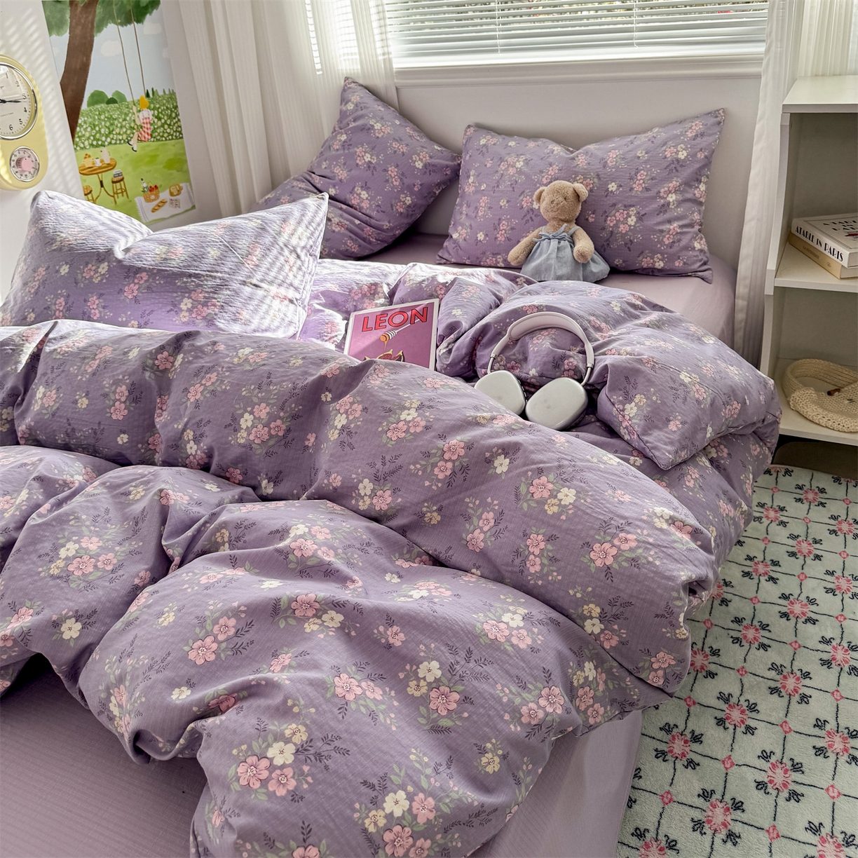 91家纺网 家纺一手货源 找家纺 多品家纺 2025新款超柔云感双层纱四件套 紫烟