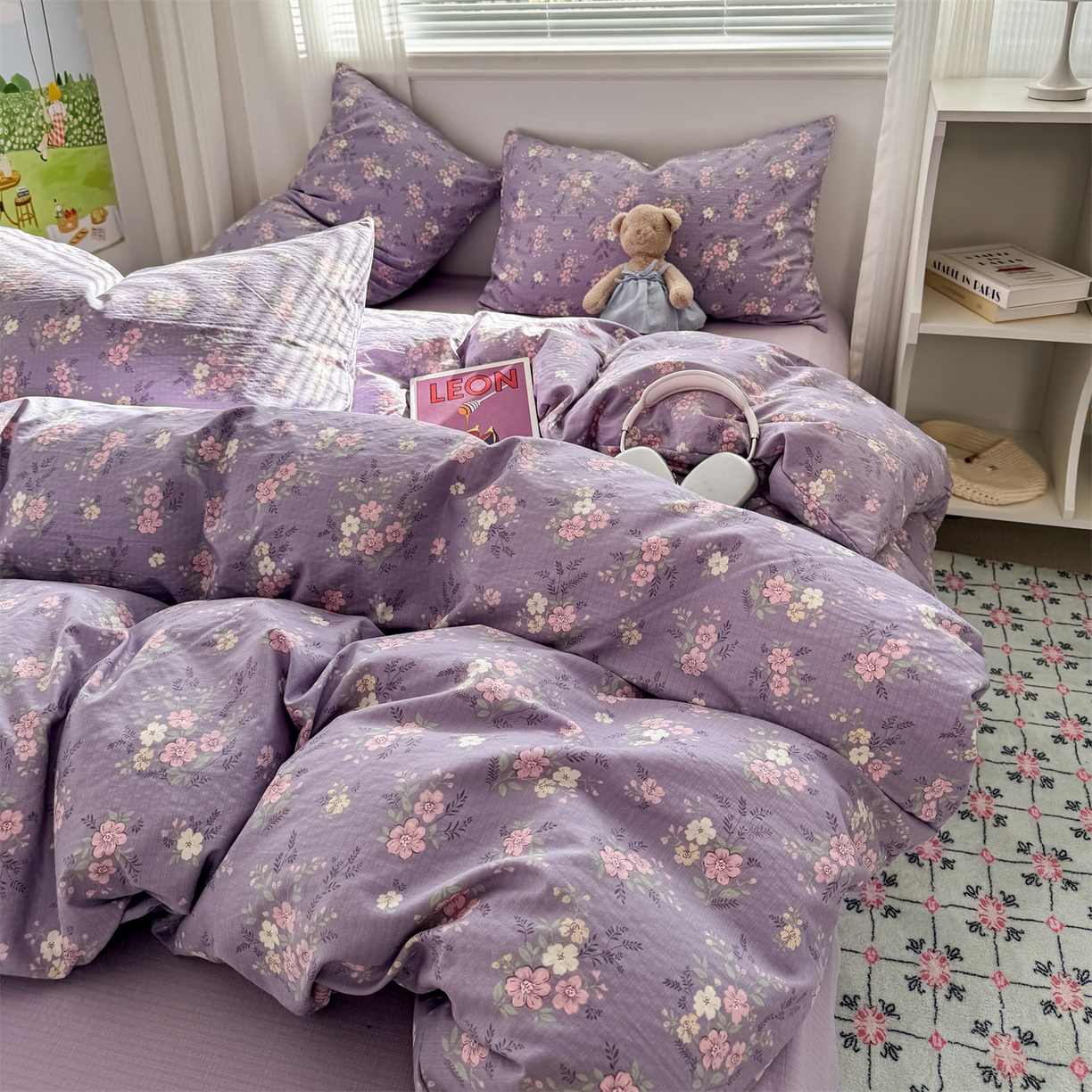 91家纺网 家纺一手货源 找家纺 多品家纺 2025新款超柔云感双层纱四件套 紫烟