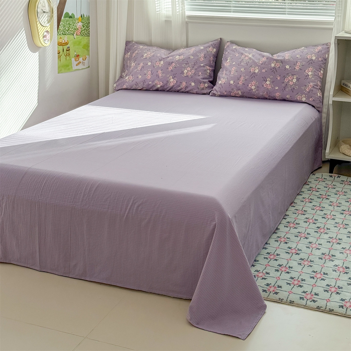 91家纺网 家纺一手货源 找家纺 多品家纺 2025新款超柔云感双层纱四件套 紫烟