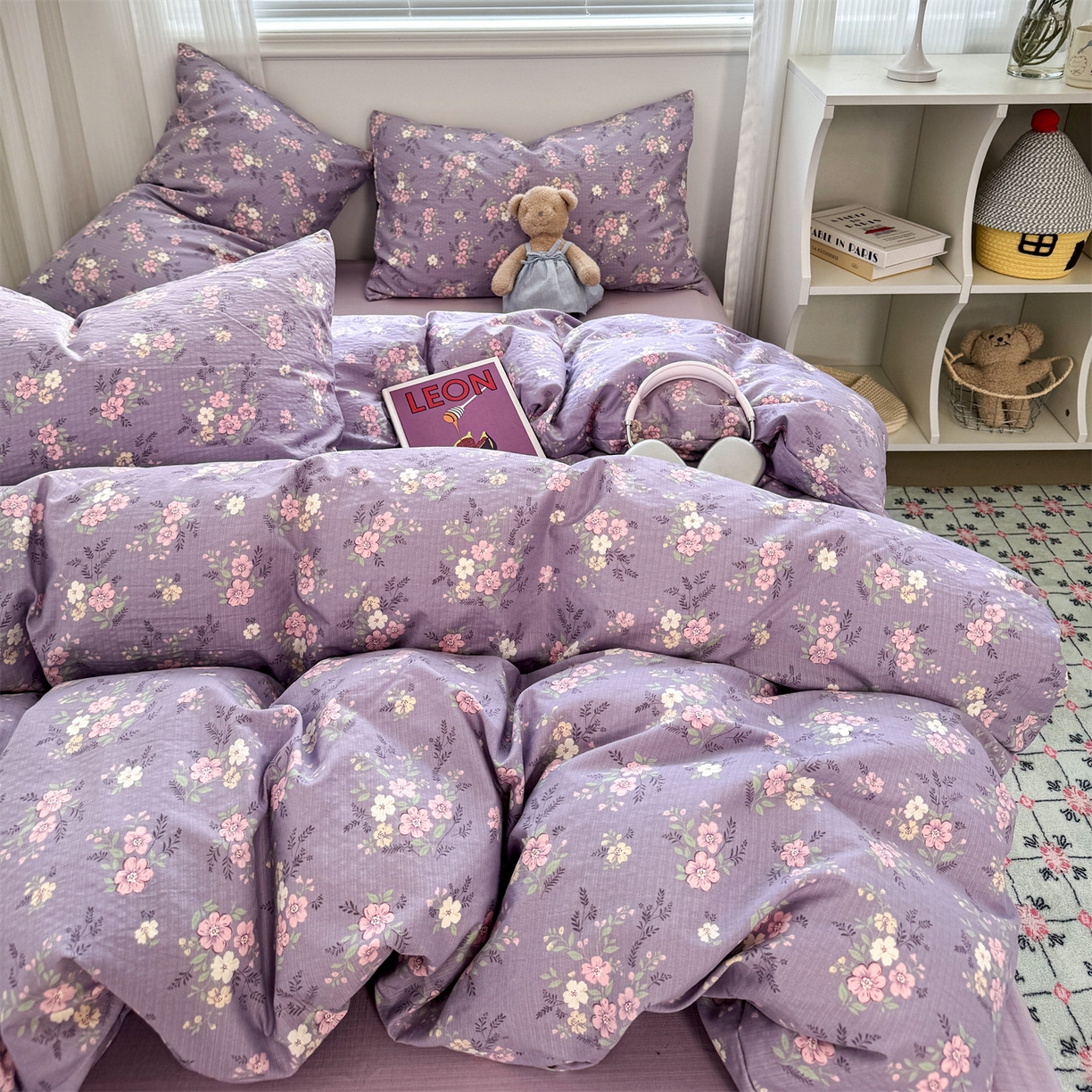 91家纺网 家纺一手货源 找家纺 多品家纺 2025新款超柔云感双层纱四件套 紫烟