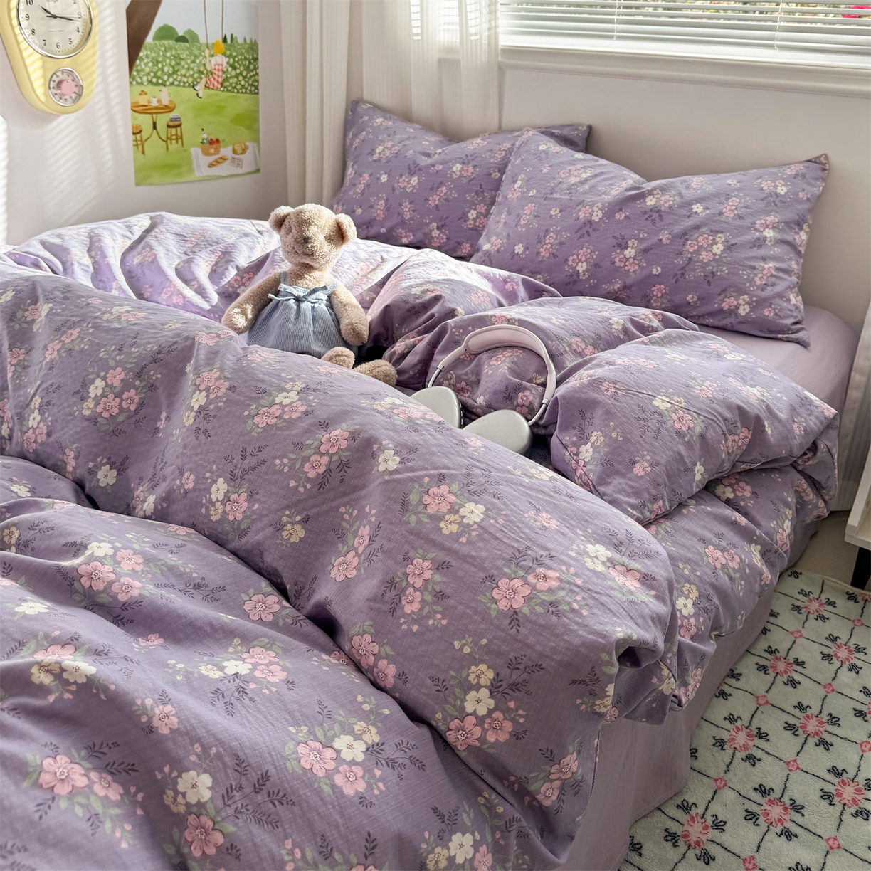 91家纺网 家纺一手货源 找家纺 多品家纺 2025新款超柔云感双层纱四件套 紫烟