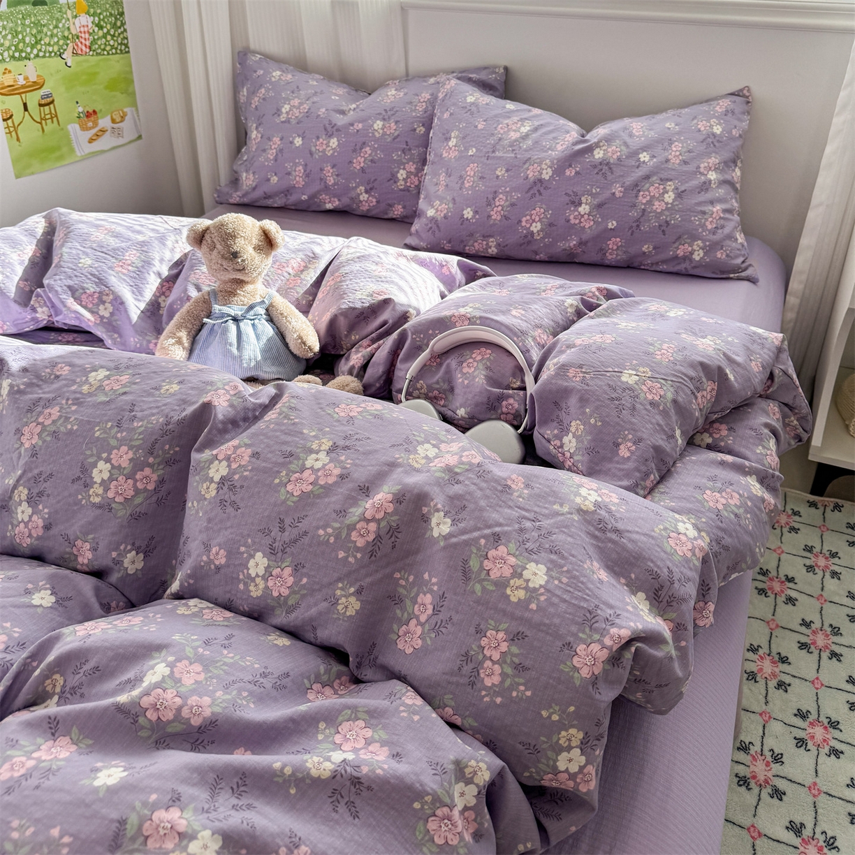 91家纺网 家纺一手货源 找家纺 多品家纺 2025新款超柔云感双层纱四件套 紫烟