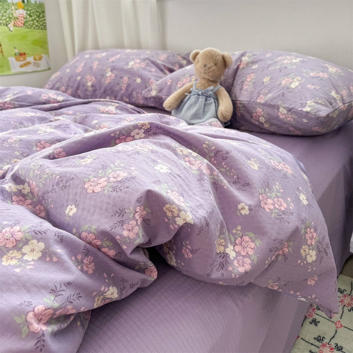 91家纺网 家纺一手货源 找家纺 多品家纺 2025新款超柔云感双层纱四件套 紫烟