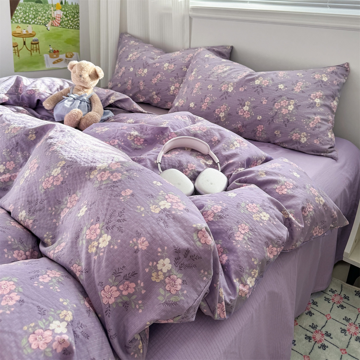 91家纺网 家纺一手货源 找家纺 多品家纺 2025新款超柔云感双层纱四件套 紫烟